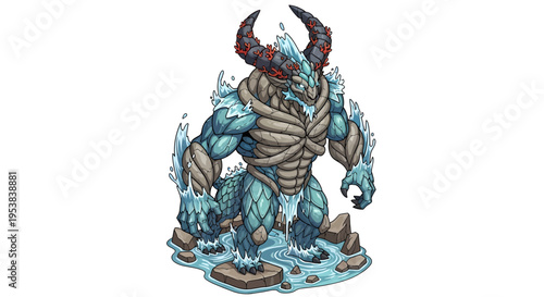 a blue monster with horns and water.