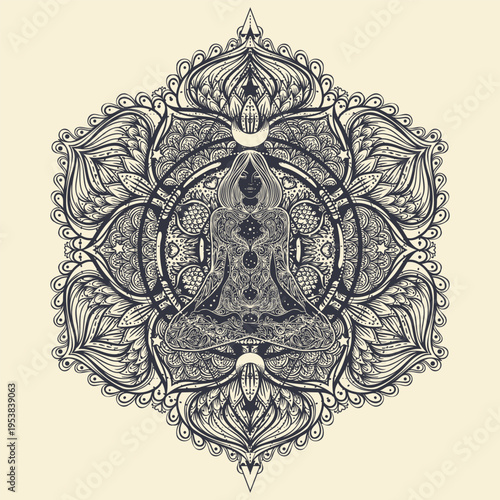 Tribal Goddess. Boho Girl over black and white ornate mandala. Vector ornate decorative illustration isolated on white. Buddhism esoteric motifs. Tattoo, spiritual yoga. Coloring book.