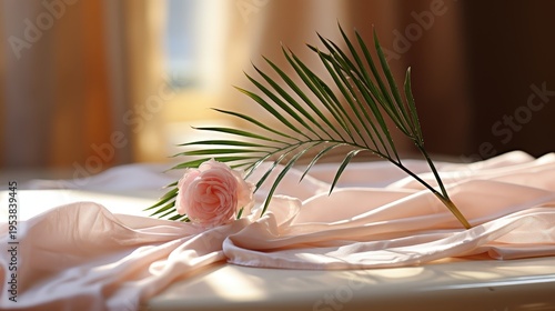 A single pink rose and a palm frond lay atop a delicate blush-colored fabric, bathed in soft natural light.