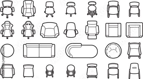 A collection of modern chair icons, perfect for architectural plans and interior design.