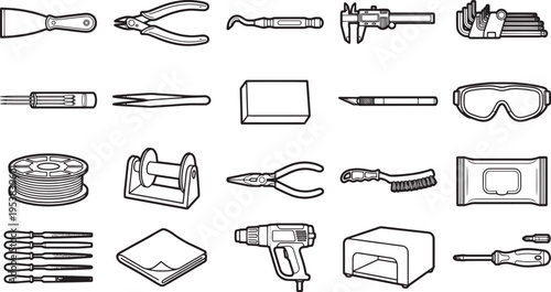 A collection of essential tools for various tasks, displayed in a simple, minimalistic style. The monochromatic tones emphasize the forms and functions of each item, suitable for projects.