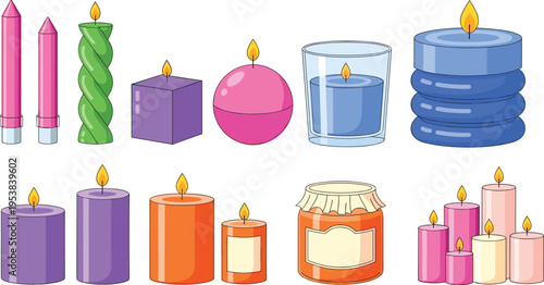 Decorative Candles Collection Different Candle Shapes and Colors Vector Illustration