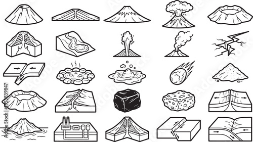 A collection of various volcano shapes and geological landforms, rendered in a striking outline design. Explore the diversity of the planet's earth formations.