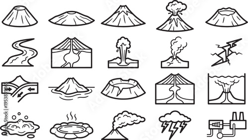A set of stylized line drawings depicting a variety of volcano and volcanic activity, illustrating the diverse aspects of the geological marvel.