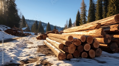 A Stack of Logs in a Snowy Forest with a Mountain View in the Background