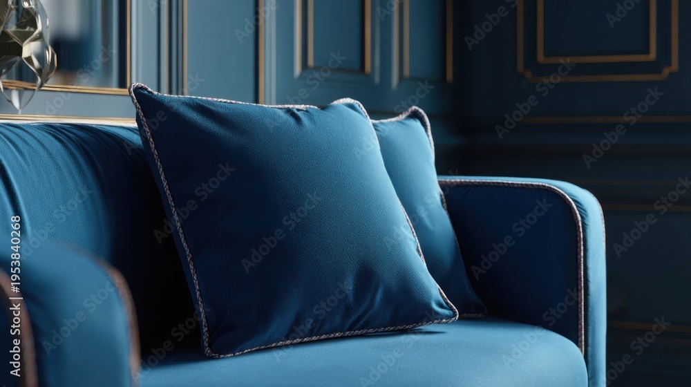 Fototapeta premium Deep Sapphire Velvet Throw Pillow with Exquisite Texture and Elegant Piping Detail