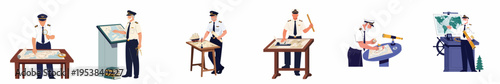 Vector illustration set of ship captains and pilots in uniform studying maps and navigational charts for maritime exploration and travel.