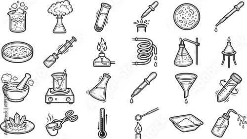 A collection of laboratory equipment icons, presenting a variety of scientific tools and instruments used in research and experimentation.