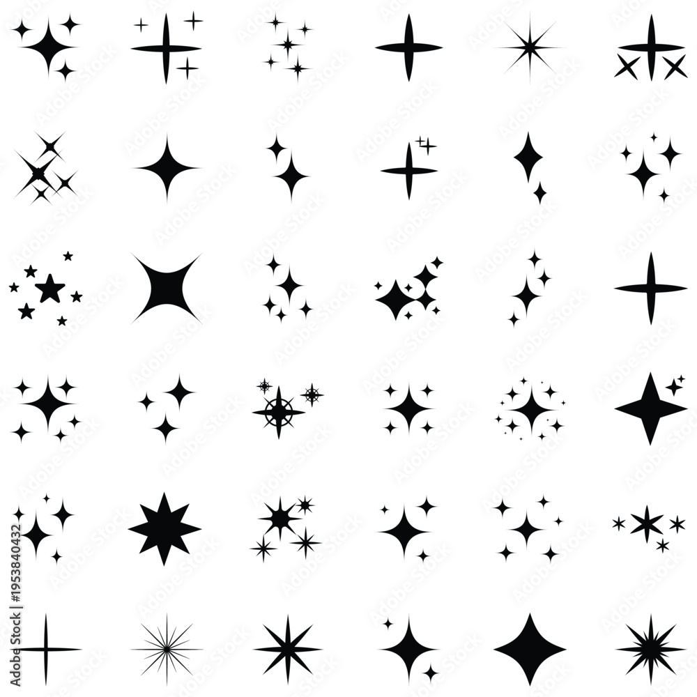 Obraz premium Collection of various black starburst shapes and designs on white background