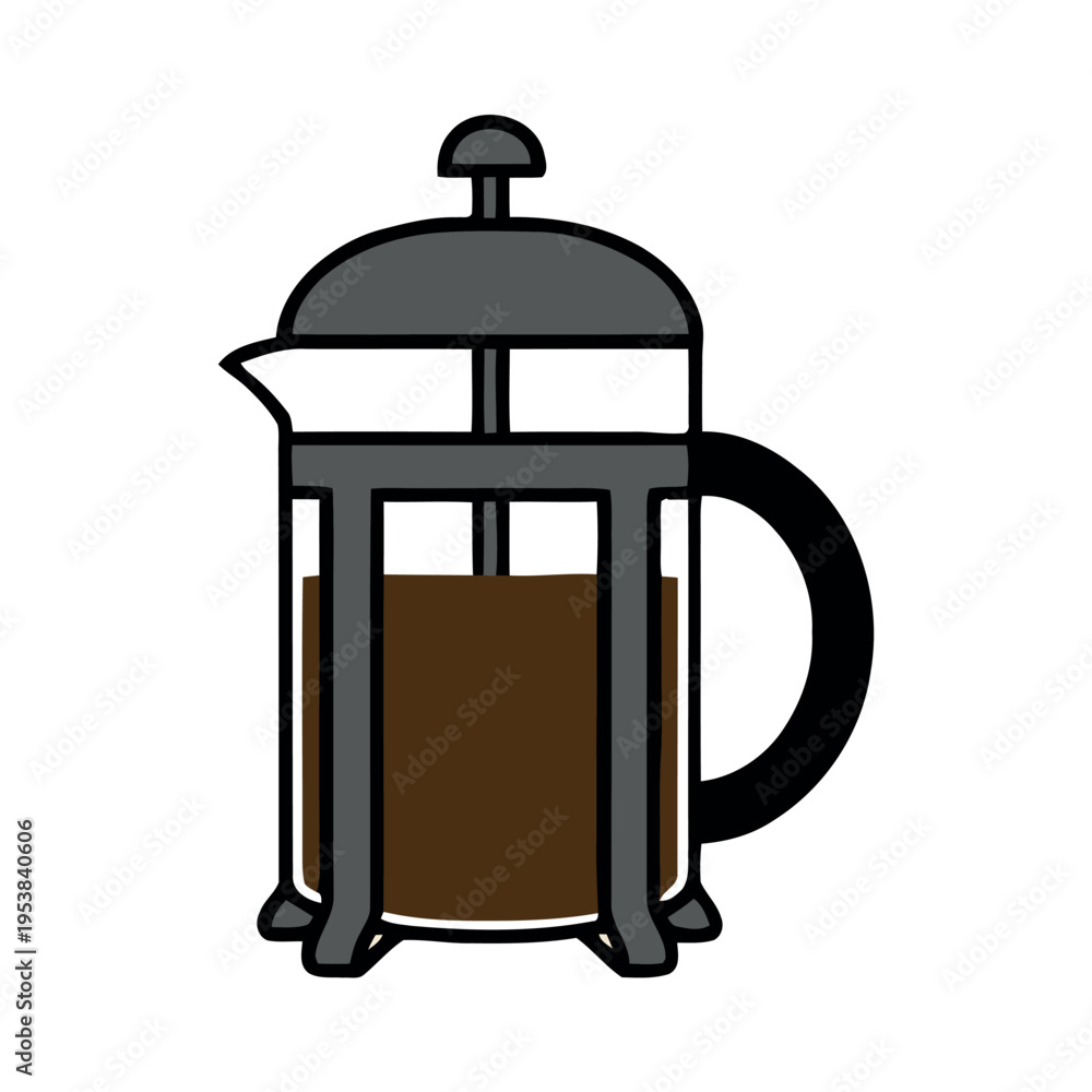 Fototapeta premium Flat vector illustration of a French press coffee maker filled with dark brew, isolated on a white background.