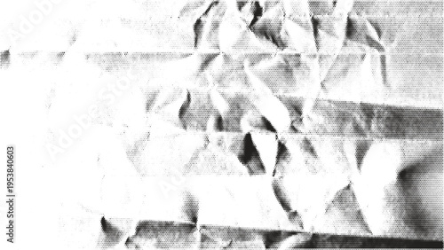 Abstract halftone wrinkle paper texture monochrome grunge backdrop. Distorted folds and dotted shading imitate aged printing surface. Vector bg for poster or graphic layouts.