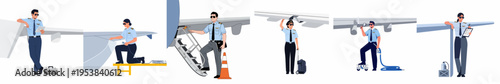 Set of Illustrations Featuring Male and Female Pilots Performing Pre-flight Inspections and Maintenance Tasks Around an Airplane