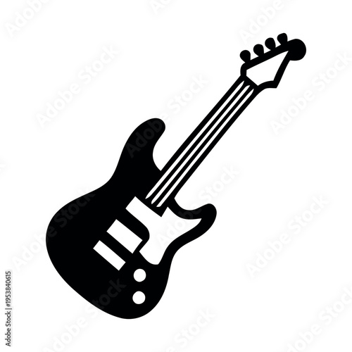 Minimalist black and white electric guitar icon, simple graphic illustration of a rock musical instrument isolated on a white background.