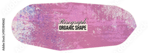 Pink risograph print organic halftone overlay texture background. Abstract irregular form with wavy shapes and dotted grainy effect. Empty liquid text box with place for text in grunge urban style.