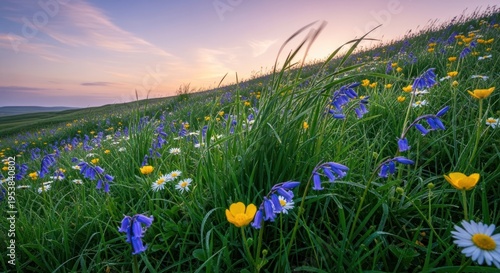 Vibrant wildflower meadow at sunrise with bluebells and buttercups on a rolling hillside.