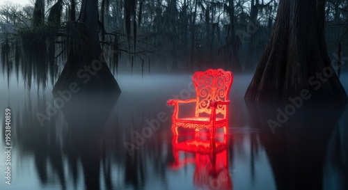 A glowing red chair floats mysteriously in a dark, misty swamp.
