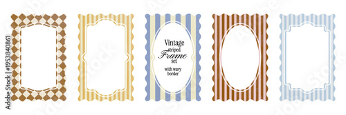 Vintage striped frame set retro decorative borders. Collection of shapes with wavy edges and textured backgrounds. Frames for packaging or menu cards in Mediterranean retro style.