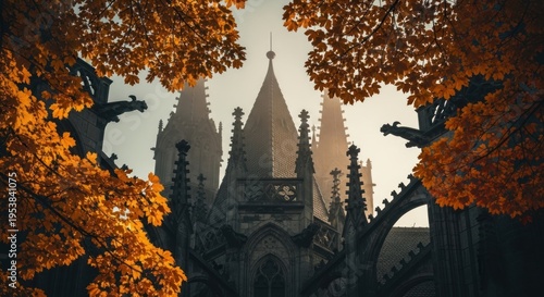 Gothic Cathedral Spire Amidst Autumn Leaves in Hazy Morning Light