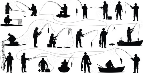 Collection of Fisherman Silhouette Vector Illustration Set, People Fishing with Rods and Nets from Shore and Boats for Outdoor Hobby and Sport Design,