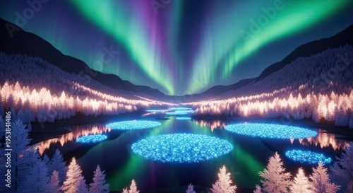Vibrant aurora borealis illuminating a magical winter landscape with glowing trees and luminous