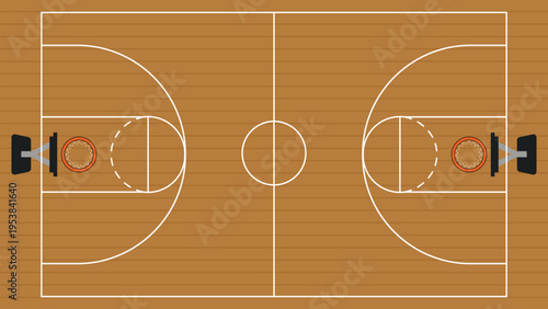 Top View Indoor Basketball Court Vector Illustration Wooden Floor Sports Court Layout with Hoop