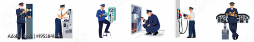 Set of flat illustrations depicting a maritime captain or engineer engaged in various technical tasks, inspections, and control operations on a ship.