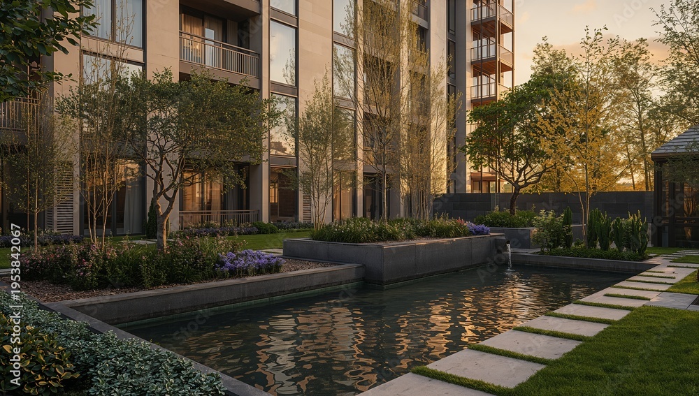 Obraz premium Serene Urban Oasis with Water Feature and Lush Greenery at Sunset