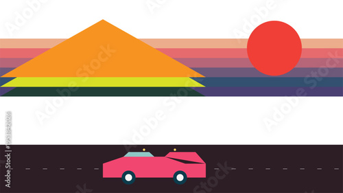 Retro sunset road trip with a vintage pink car driving towards a mountain landscape