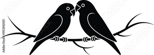 Two lovebirds sitting on tree branch silhouette, romantic parrot couple vector, black bird wedding illustration isolated on white background, nature art decor