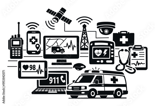 Emergency services concept displaying an ambulance, medical equipment, and communication technology linking health care professionals