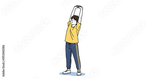 Vector illustration of a young person stretching arms overhead, promoting flexibility and a healthy lifestyle through mindful movement and daily exercise routine