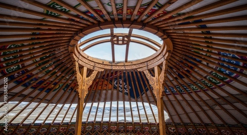 Traditional Mongolian Ger Interior with Ornate Wooden Ceiling and Sky View