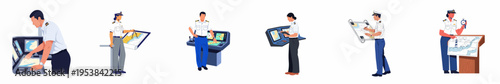 Flat vector illustration of ship captains and maritime officers in uniform navigating using maps, consoles, and nautical equipment.
