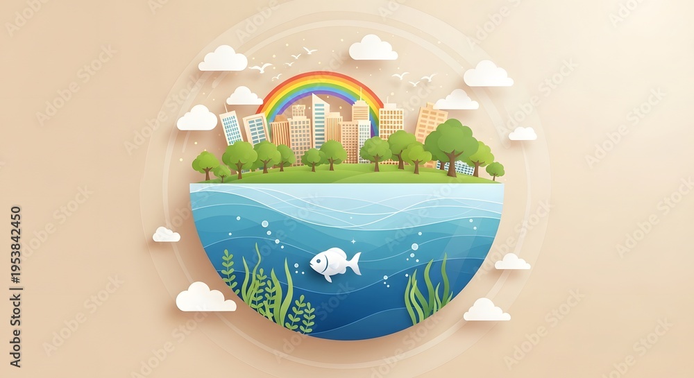 Fototapeta premium Whimsical illustration of a heart shaped ecosystem with a city rainbow and aquatic life