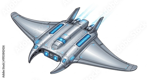 Futuristic spacecraft design with sleek silver exterior and glowing blue accents, ready for space travel.