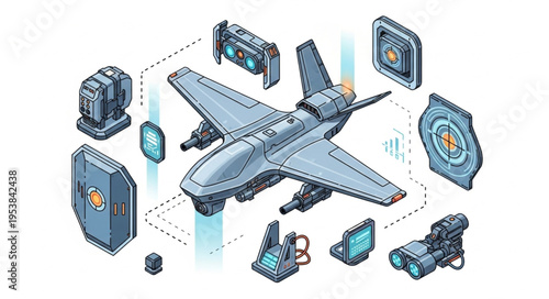 Futuristic drone and technological devices, a detailed isometric illustration.