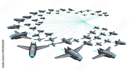 A fleet of futuristic aircrafts in formation, ready for action, aerial view.
