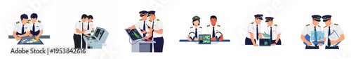 Flat illustration set of airline pilots and air traffic controllers collaborating on flight plans, navigation, and weather monitoring using digital technology.