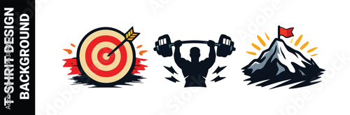 Set of three motivational t-shirt designs featuring a target, a weightlifter, and a mountain