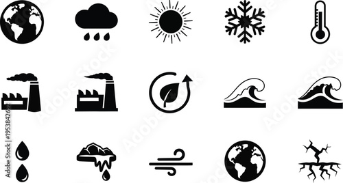 A critical collection of black silhouette icons illustrating various global climate change and environmental themes, including pollution, extreme weather, melting ice, and global warming impacts.