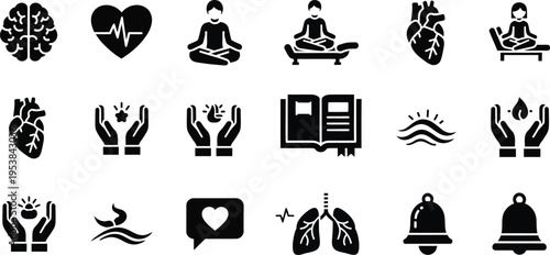 A comprehensive collection of black silhouette icons representing diverse health, wellness, and medical concepts, including brain, heart, meditation, nature, books, and body parts.