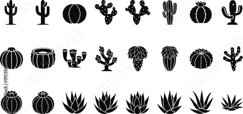 A varied collection of black silhouette icons showcasing numerous types of popular cacti and succulents, presenting different shapes and forms of desert flora.