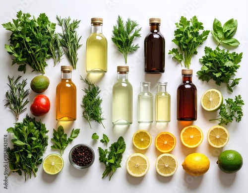 Assorted fresh herbs and citrus fruits with essential oils and spices arranged on white background for cooking healthy food and natural remedies