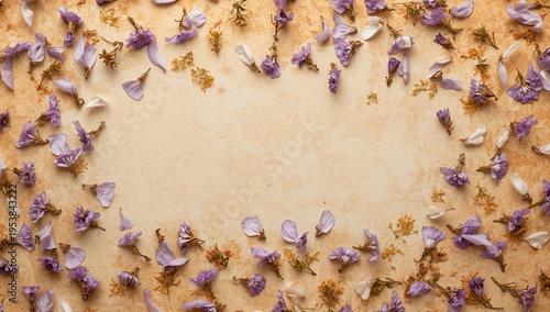 Floral Arrangement with Dried Purple Petals on Textured Background
