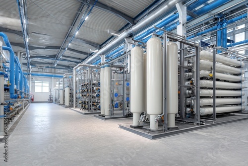 Water treatment facility shows large equipment used for purification and filtration processes in a modern industrial setting
