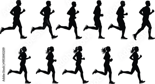 Collection of male and female running silhouettes showing jogging motion sequence, athletic runners in different stride positions, fitness training, marathon sport concept isolated on white