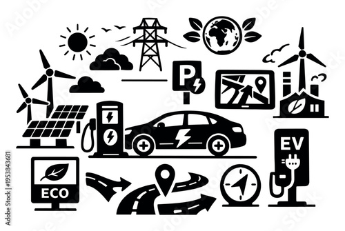Electric car charging with renewable power sources like wind turbines and solar panels, illustrating green technology and sustainable future