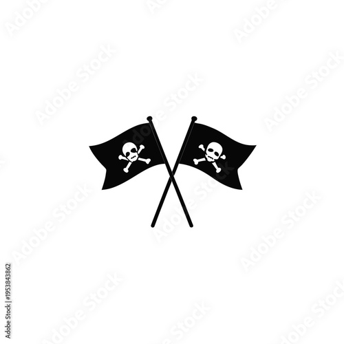 Two crossed pirate flags with skull symbol on transparent background silhouette