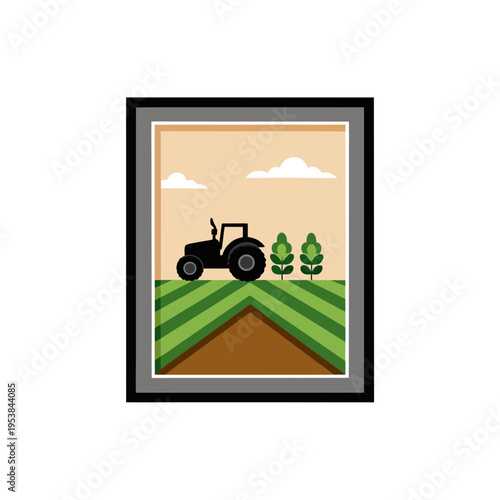 Tractor on field framed graphic illustration on transparent background silhouette