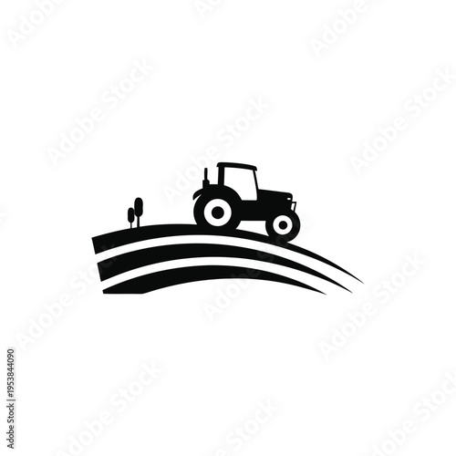 Silhouette of a tractor on a curved field on transparent background